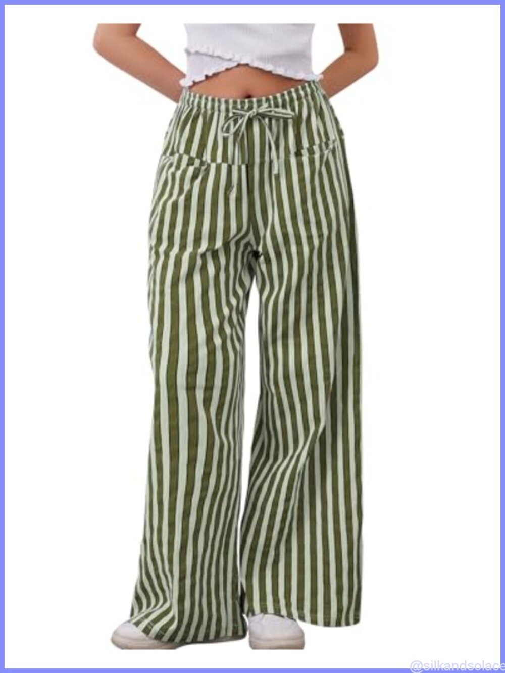 Women's Cotton Wide Leg Striped Pants Drawstring Lounge Pants with Pockets
